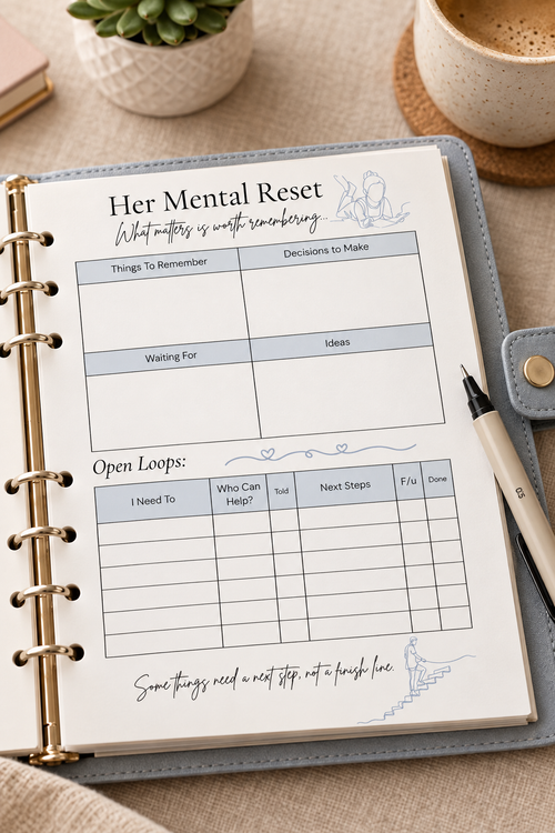 Close-up of Her Mental Reset insert in a ring binder planner