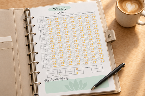 Week 3 tracking chart - coffee and pen on desk