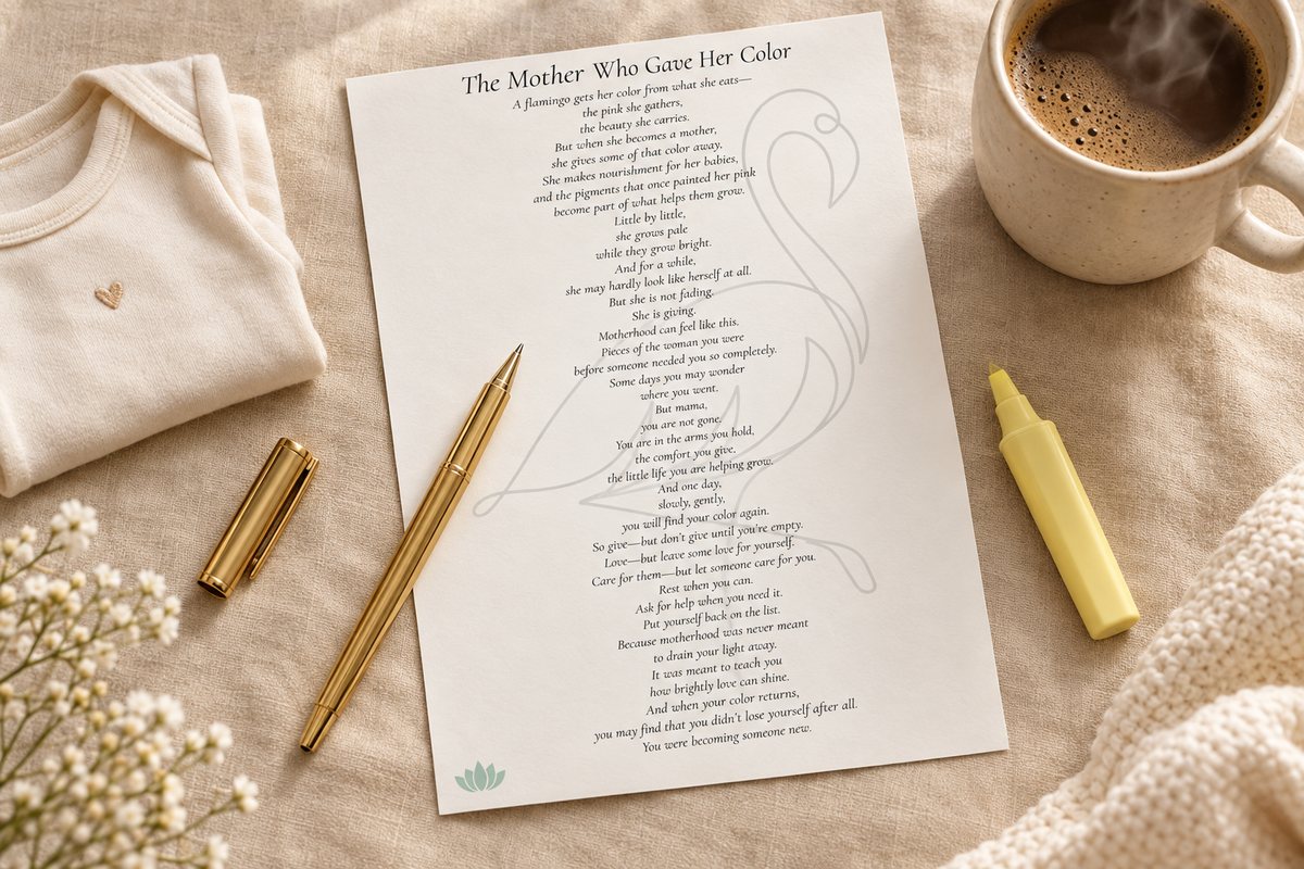 The Mother Who Gave Her Color poem - loose sheet with coffee and onesie