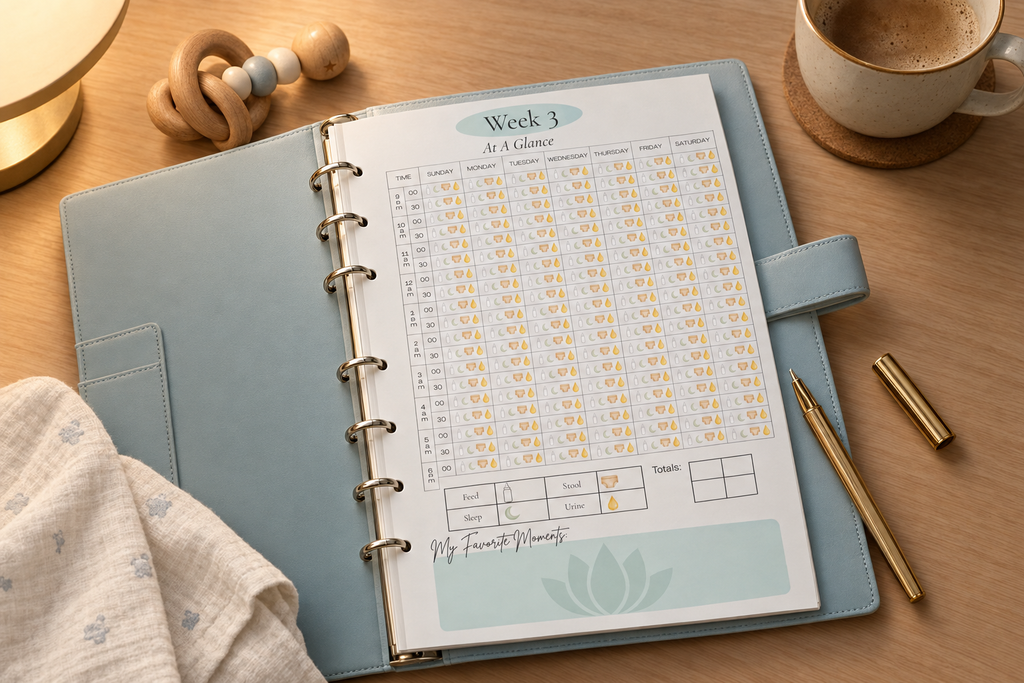 Week 3 night tracker - baby rattle and muslin