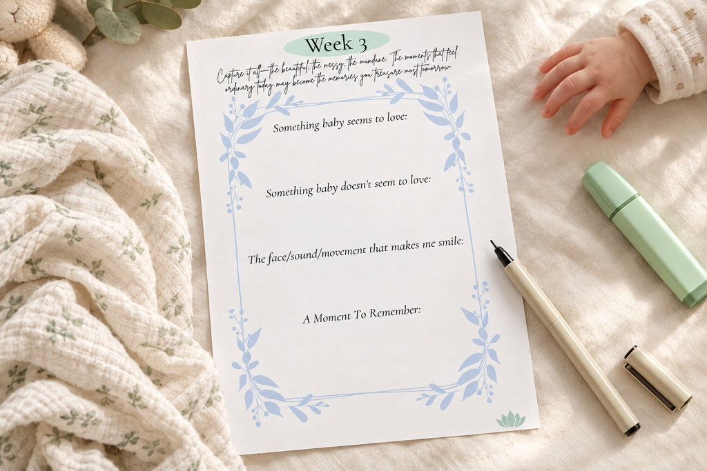 Week 3 Memory Journal - loose sheet with muslin and baby hand